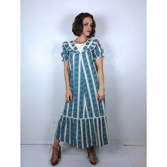 vintage 70s Blue STRIPED MuuMuu Maxi DRESS xs/s cottage core ruffles Hawaii boho - Picture 7 of 10